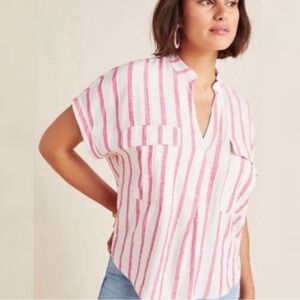 Anthropologie Maeve Amira Striped Linen Blend Top Ivory Pink